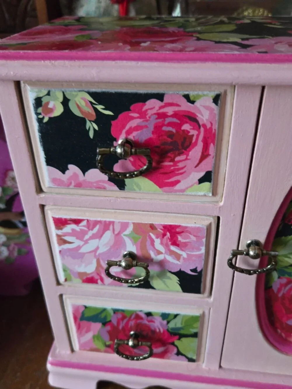 Whimsical Pink Rose Decoupage Jewelry Box Cottagecore Organizer Trinket Case
